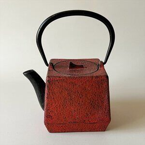 RARE Vintage Red Square Japanese Cast Iron Teapot Tetsu Kyusu Ceremony Japan